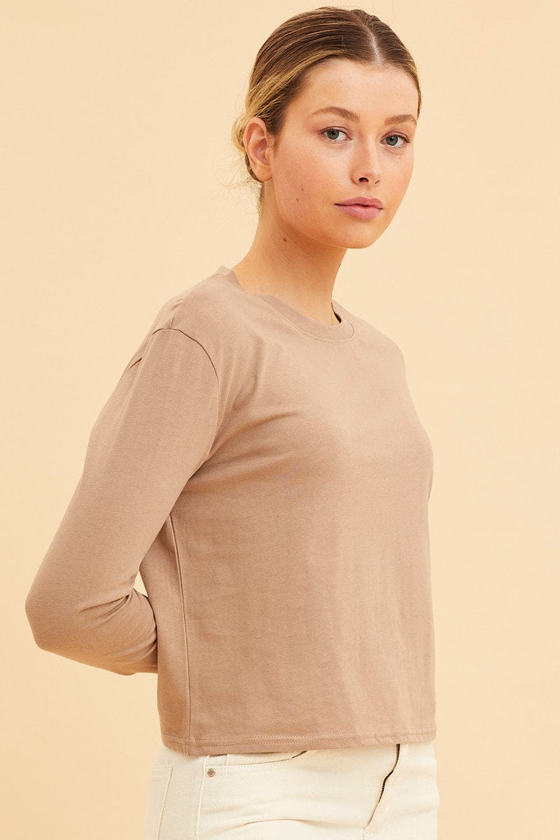 Beige Cropped T-Shirt Long Sleeve Crew Neck Cotton - Image 4