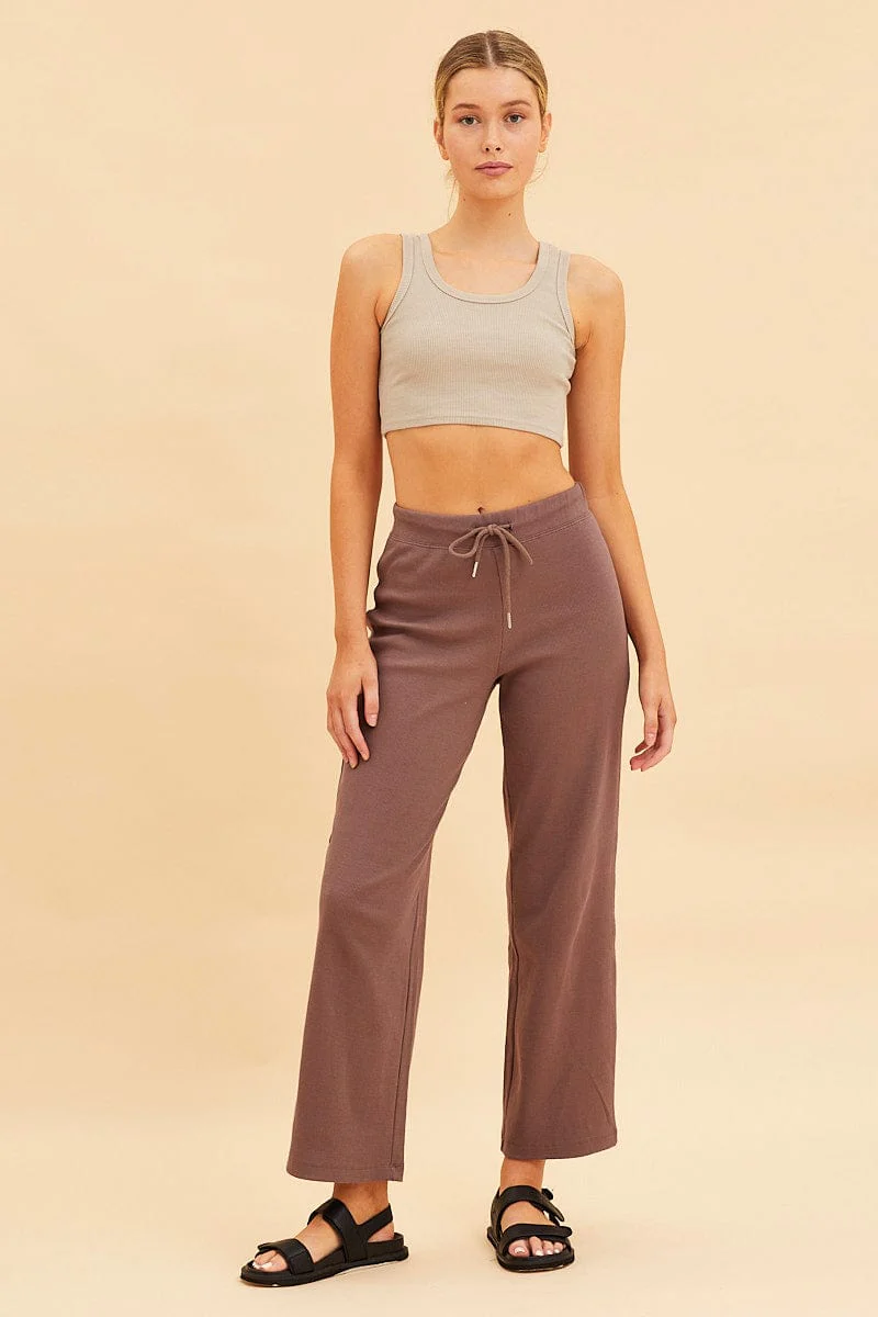Beige Cropped Tank Cotton Blend Rib Racer Back - Image 2