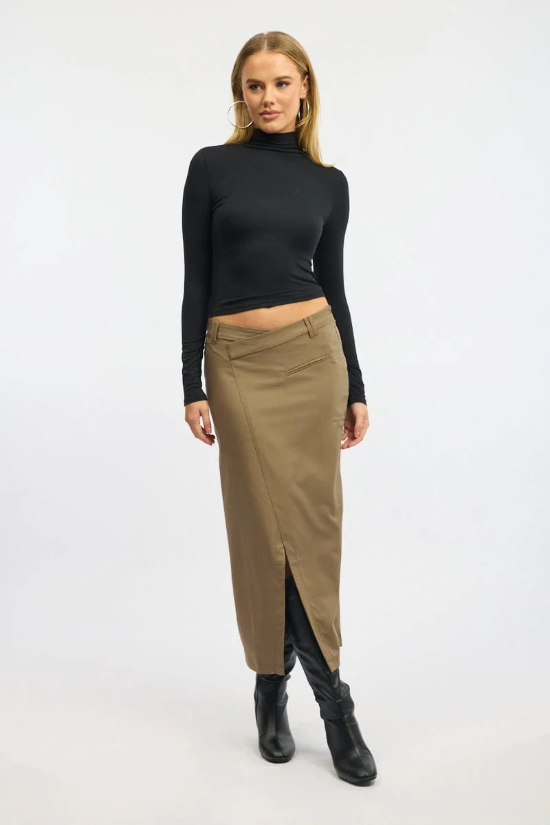 Beige Crossover Midaxi Skirt Mid Waisted Pocket Detail