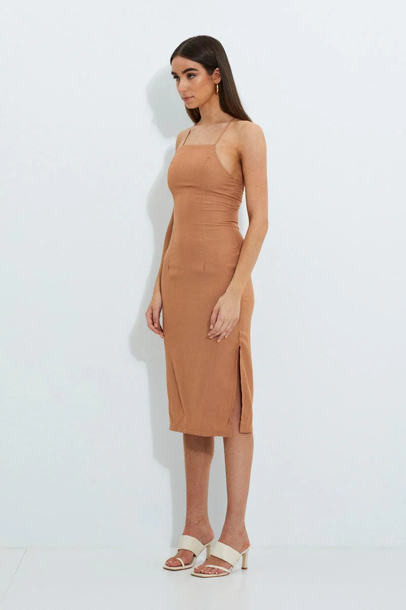Beige Designer Linen Look Racer Neck Midi Dress - Image 4