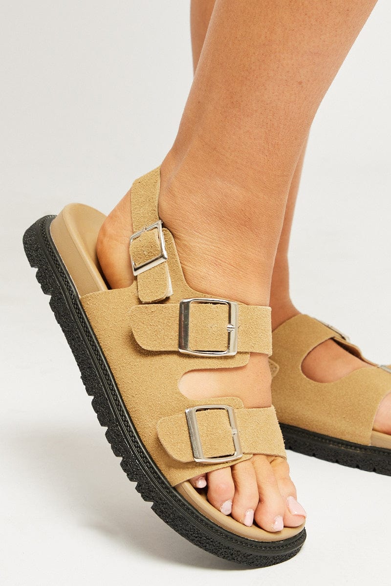 Beige Double Buckle Suede Sandals - Image 2