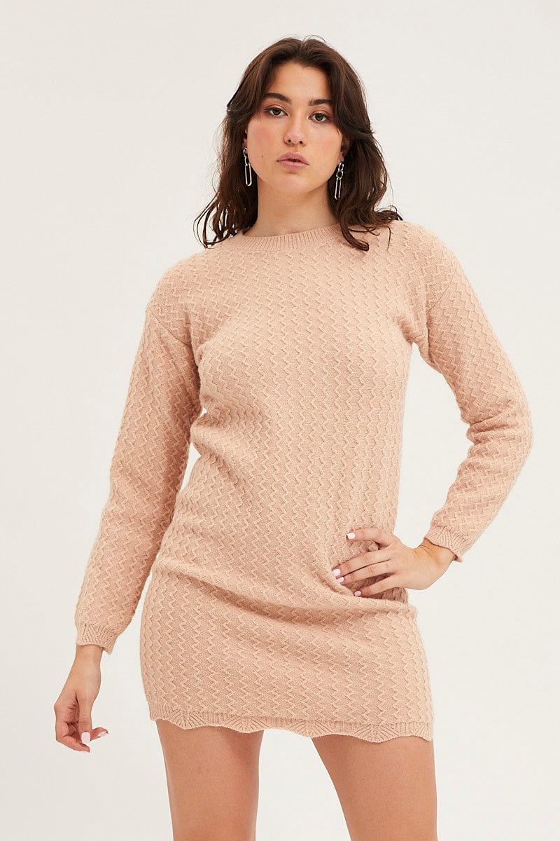Beige Dress Long Sleeve Mini Knit - Image 3