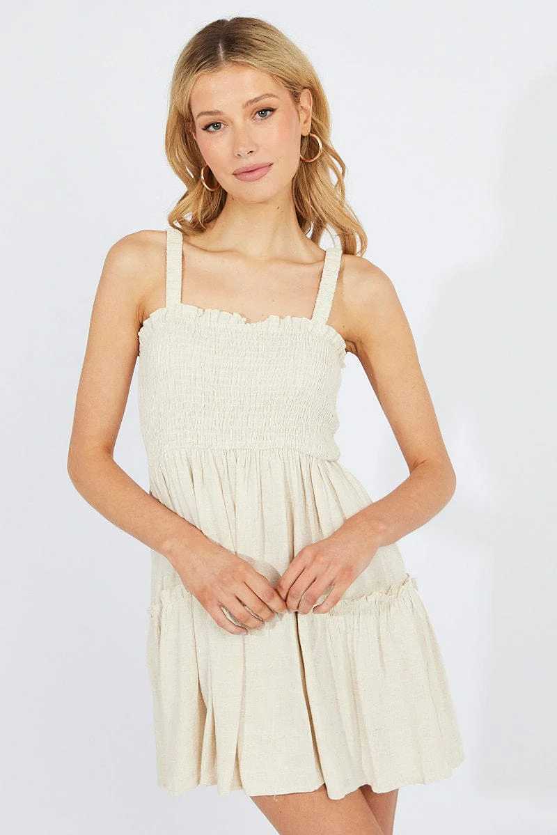 Beige Fit And Flare Dress Sleeveless Mini - Image 3