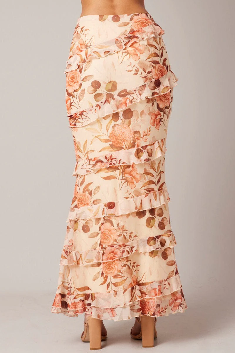 Beige Floral Ruffle Tiered Side Split Maxi Skirt - Image 5