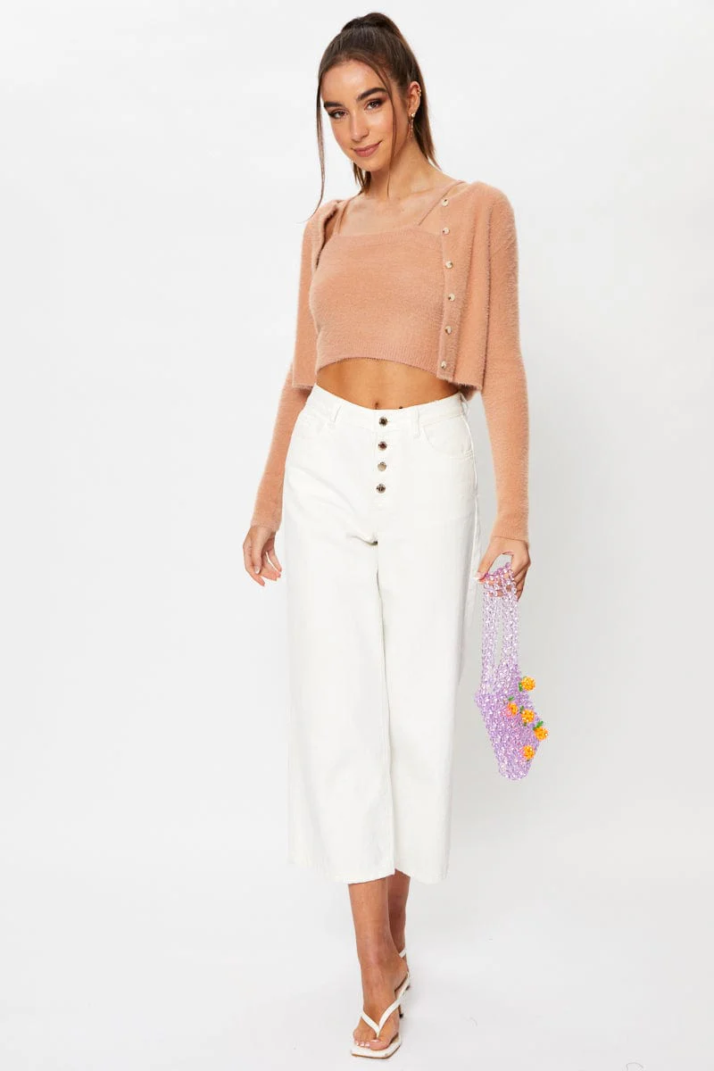 Beige Fluffy Yarn Square Neck Knit Cami Top - Image 13