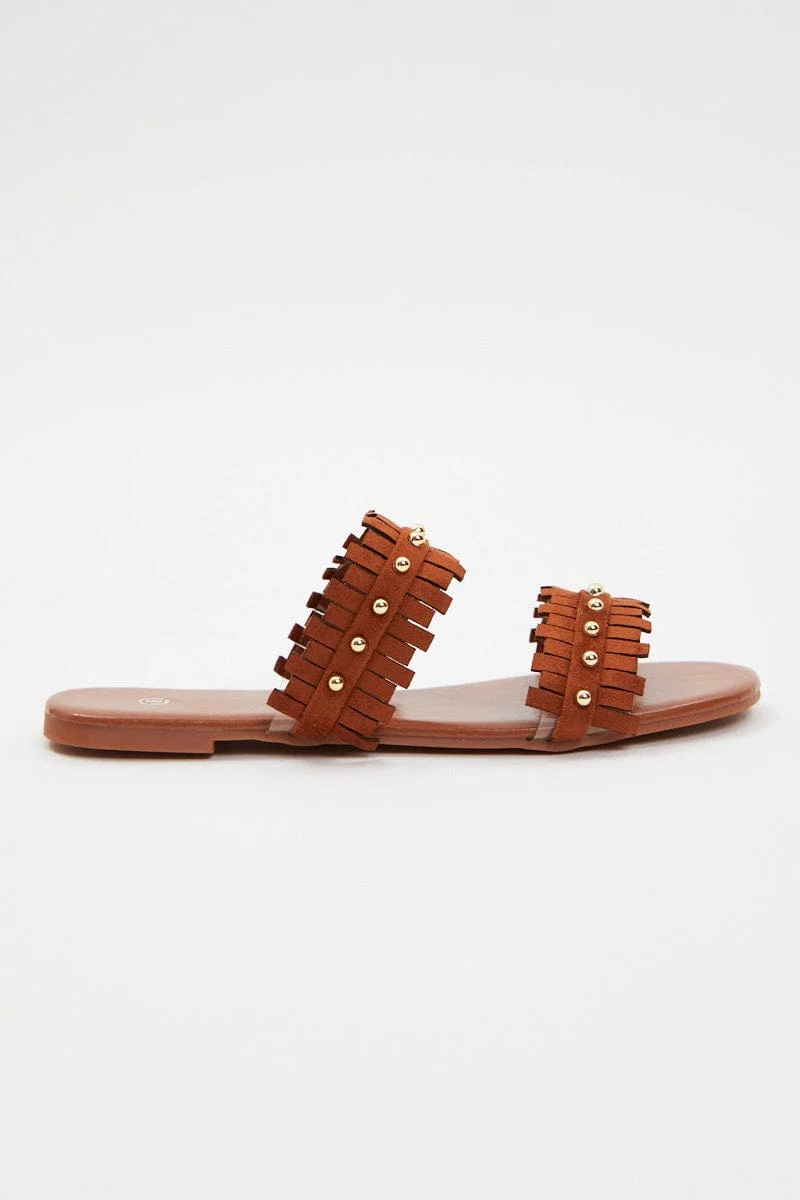 Beige Fringe Detail Flat Slides - Image 2