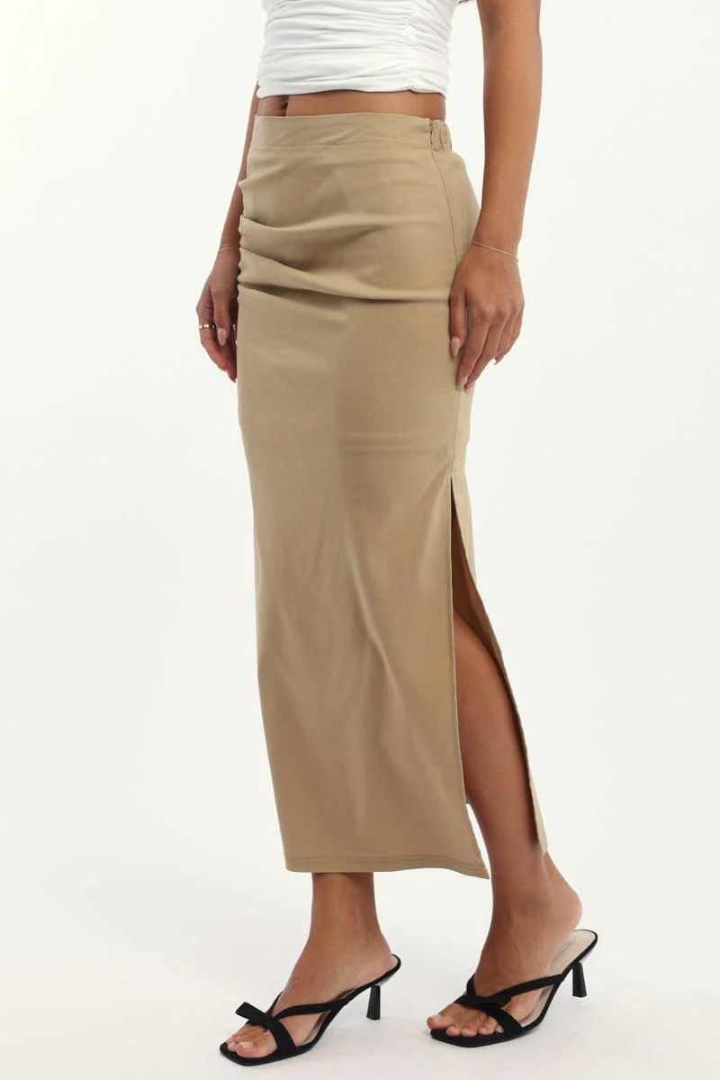 Beige Gathered Midi Skirt High Rise Bengaline Split - Image 3