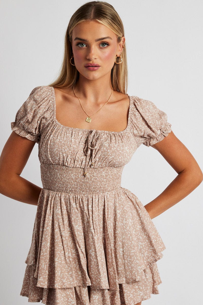 Beige Geo Ruffle Playsuit Short Sleeve Ruched Bust - Image 3