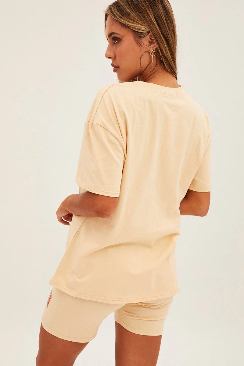 Beige Graphic T And Biker Shorts Set - Image 5