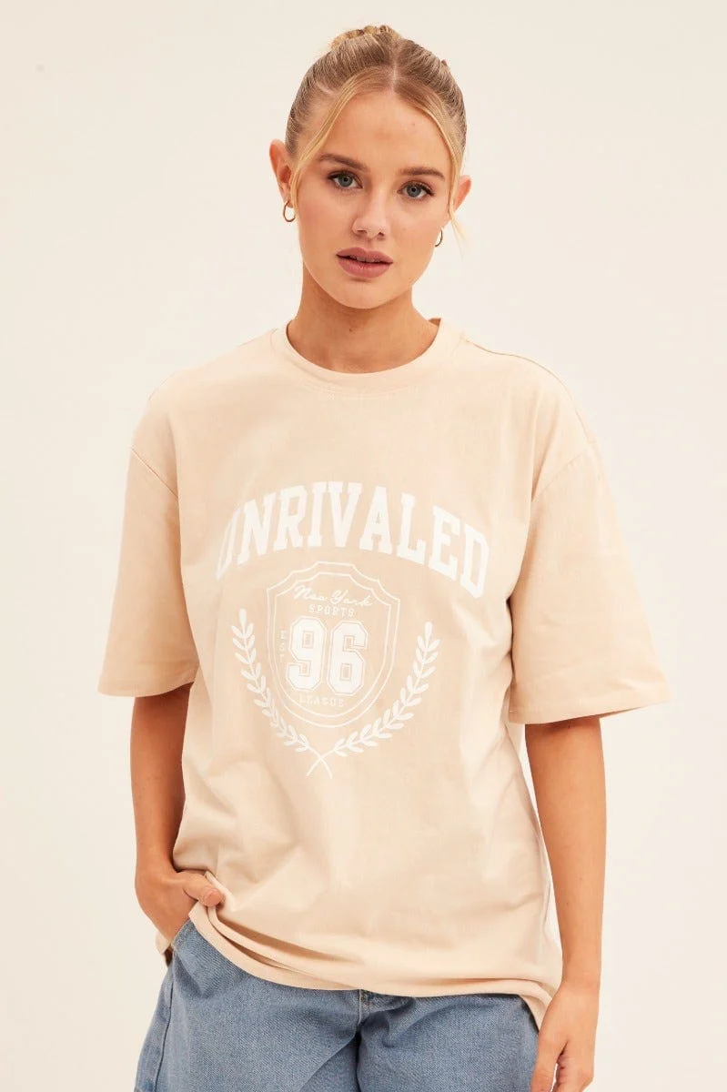 Beige Graphic T-Shirt Short Sleeve Crew Neck - Image 3