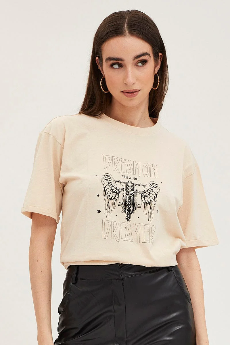 Beige Graphic T Shirt Short Sleeve - Image 3