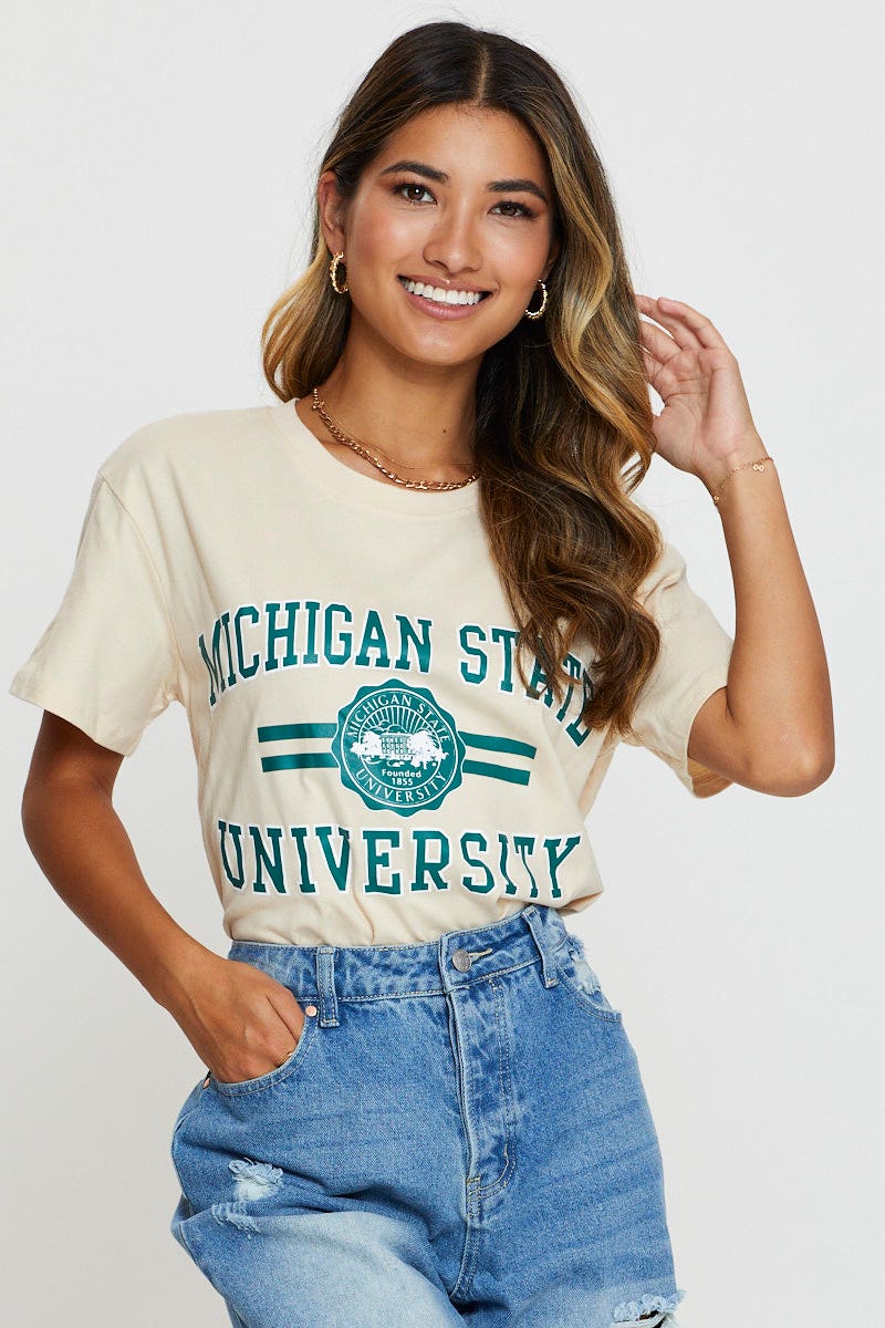 Beige Graphic T-Shirt Short Sleeve