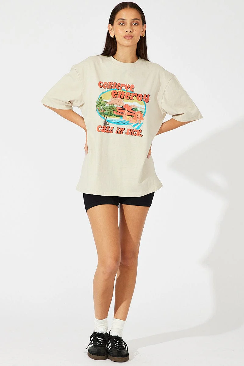 Beige Graphic Tee Short Sleeve - Image 2