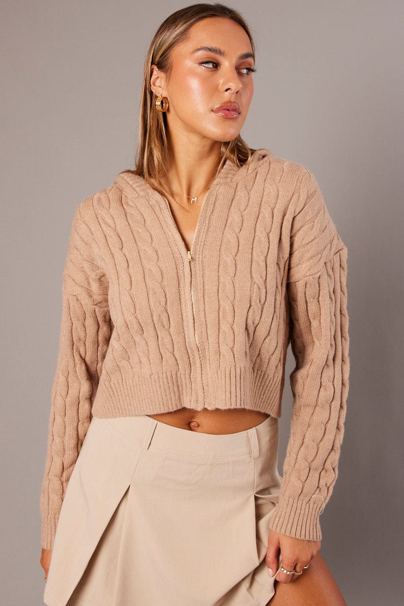 Beige Hooded Cardigan Long Sleeve Cable Knit Zip Up - Image 3