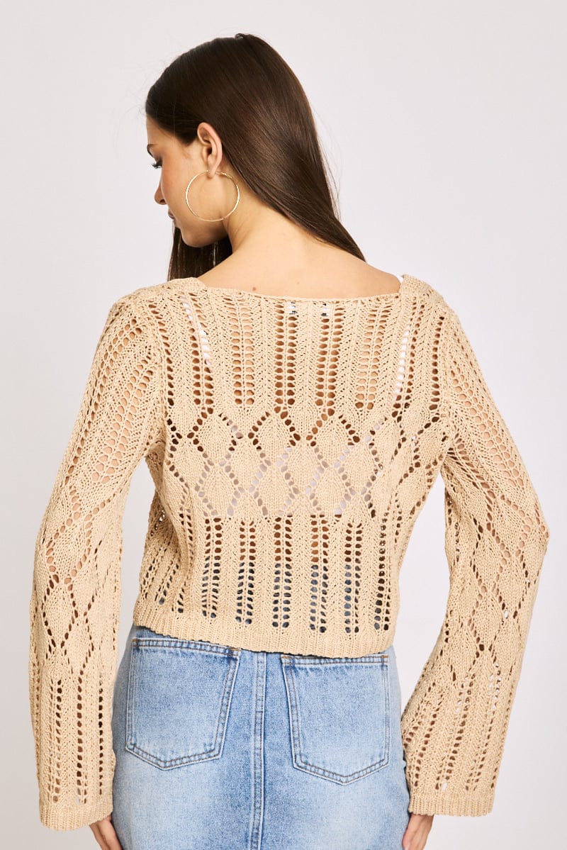 Beige Knit Cardigan Long Sleeve Crochet - Image 4