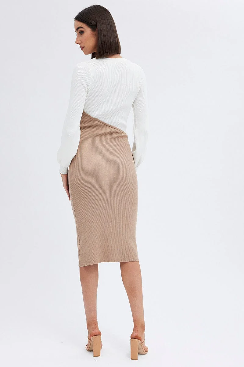 Beige Knit Dress Colour Block Midi - Image 5