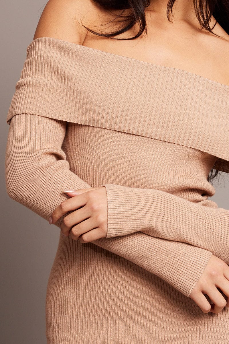 Beige Knit Dress Long Sleeve Mini - Image 6