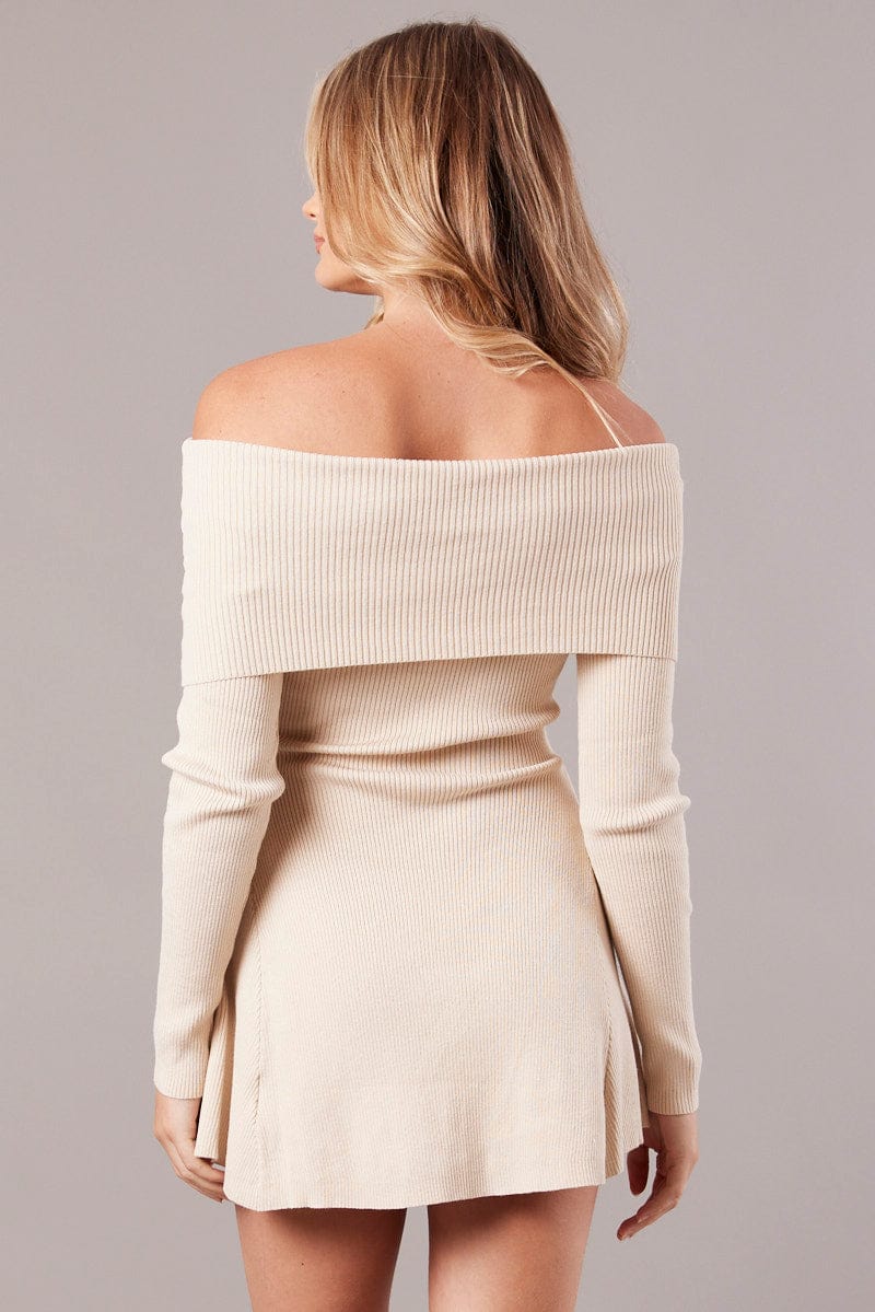 Beige Knit Dress Long Sleeve Off Shoulder - Image 5