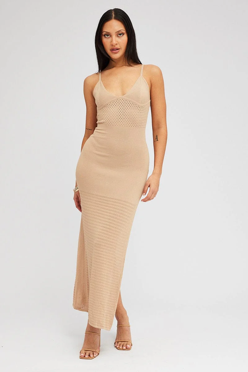 Beige Knit Dress Sleeveless V Neck Midi Mixed Crochet - Image 3
