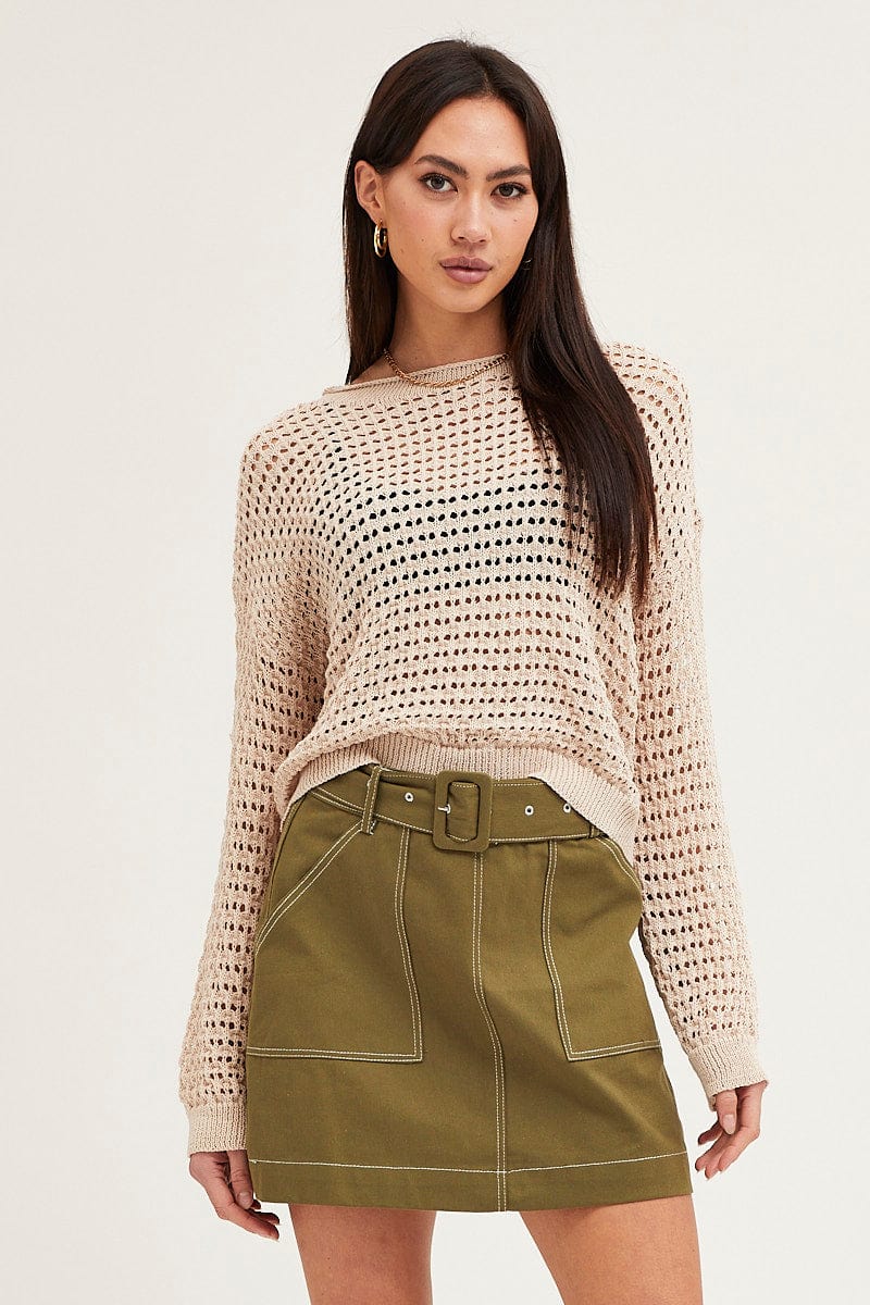 Beige Knit Top Long Sleeve Round Neck Crochet - Image 3