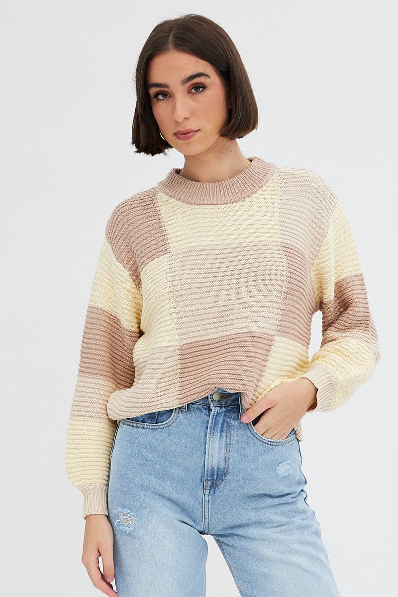 Beige Knit Top Round Neck Long Sleeve Patchwork - Image 3