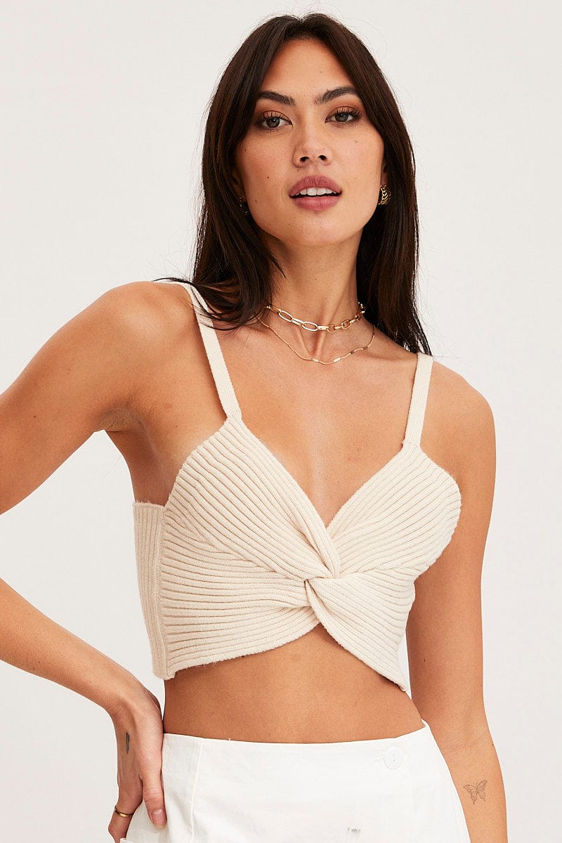 Beige Knit Top Sleeveless Crop Cross Over - Image 3