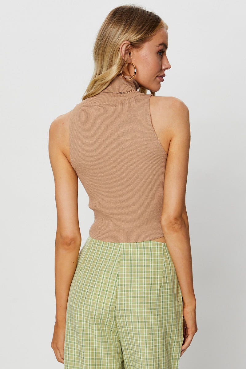 Beige Knit Top Sleeveless Turtleneck - Image 4