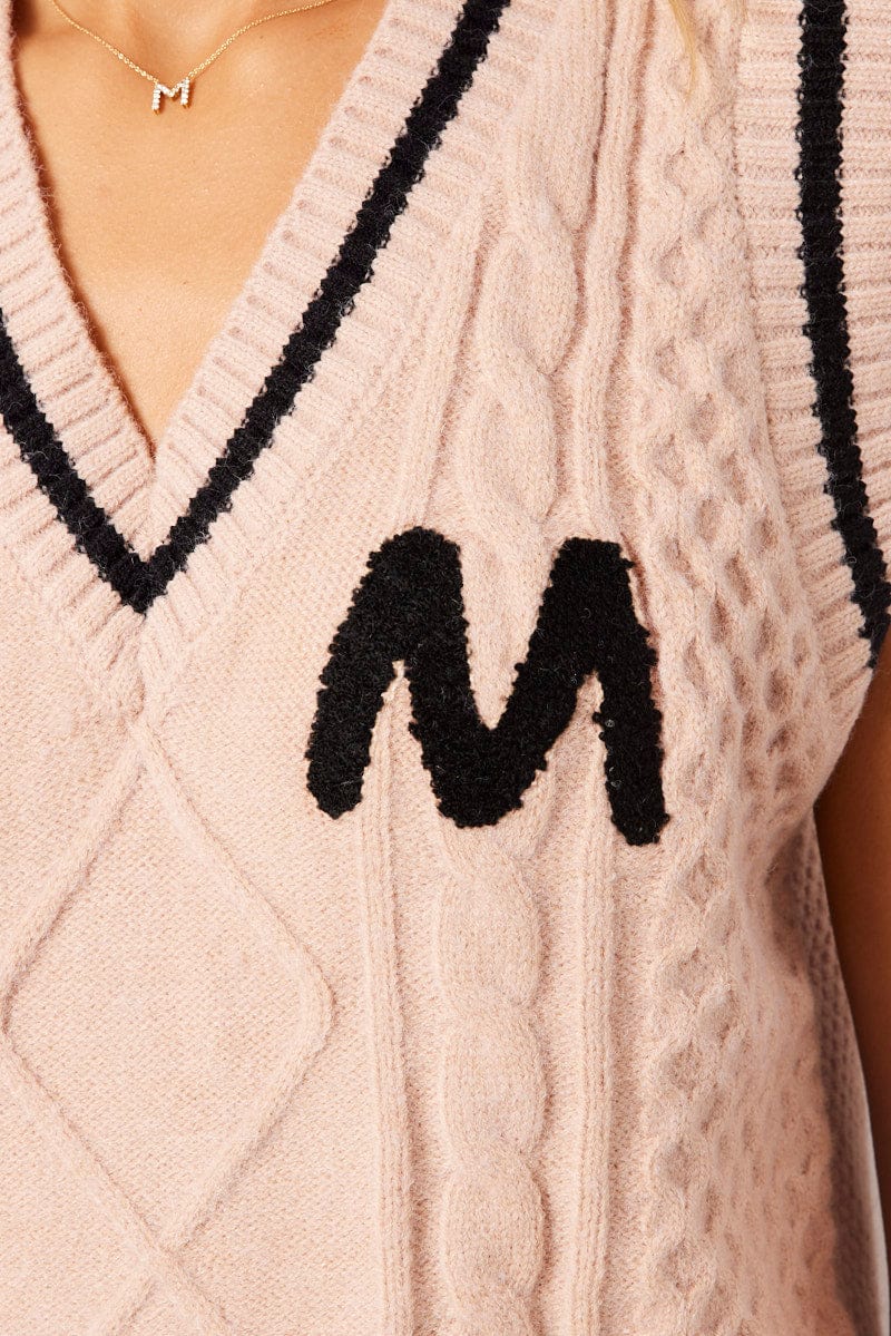 Beige Knit Vest Sleeveless V Neck Cable - Image 6