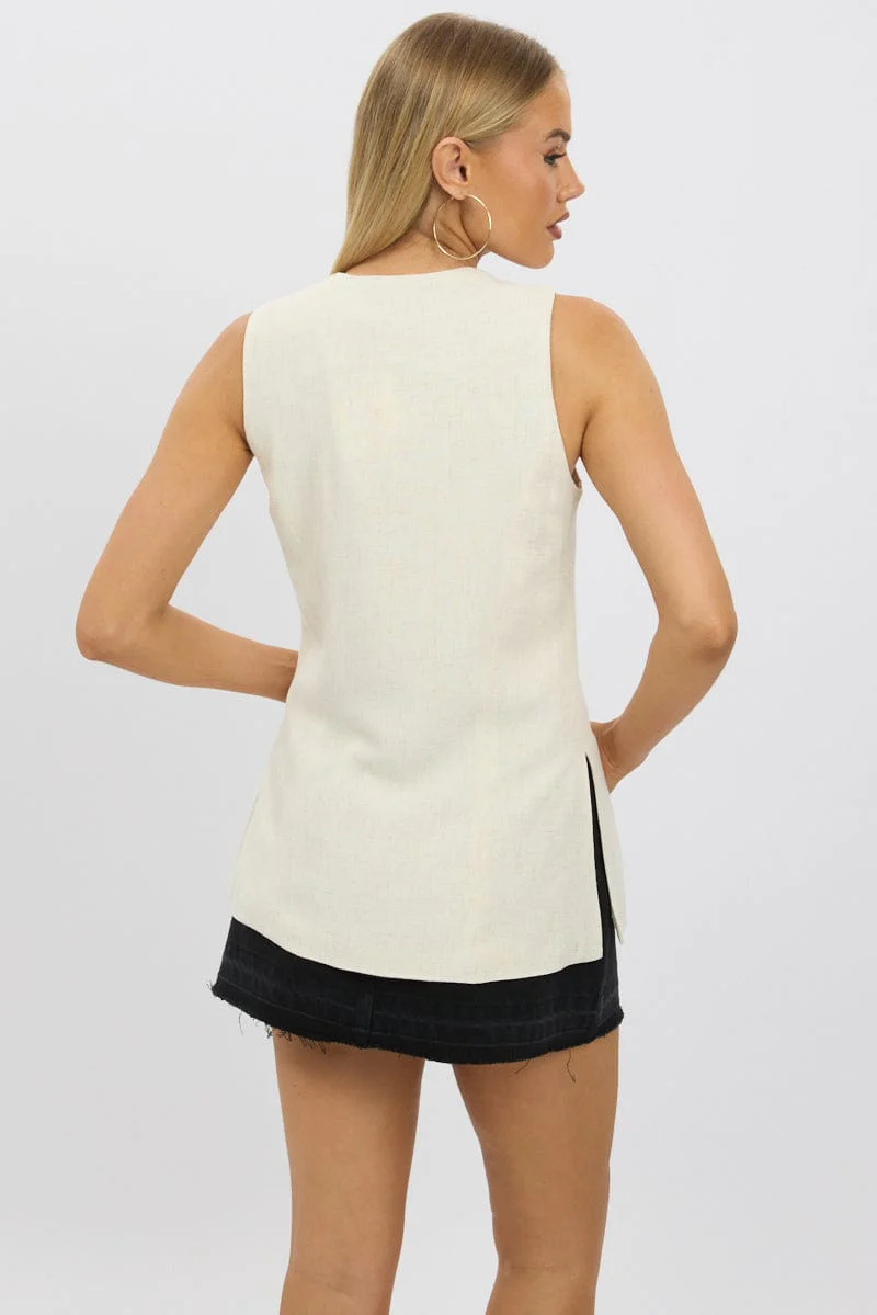 Beige Linen Vest Longline V Neck - Image 5