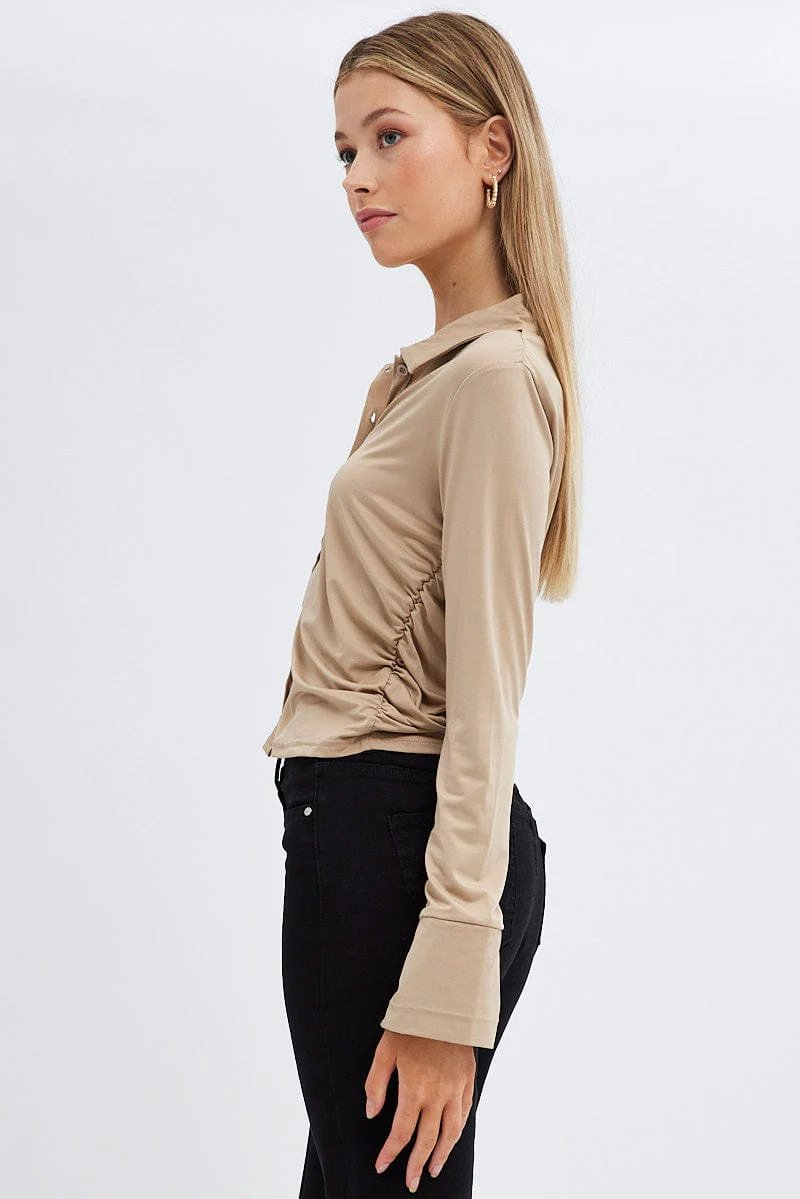 Beige Long Sleeve Shirt Collared Side Ruched - Image 4