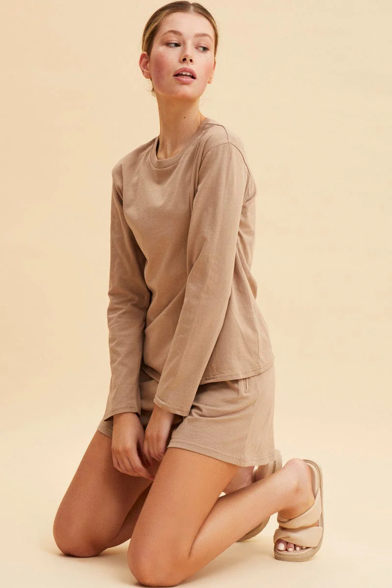 Beige Long Sleeve T-Shirt Crew Neck Cotton Regular Fit - Image 2