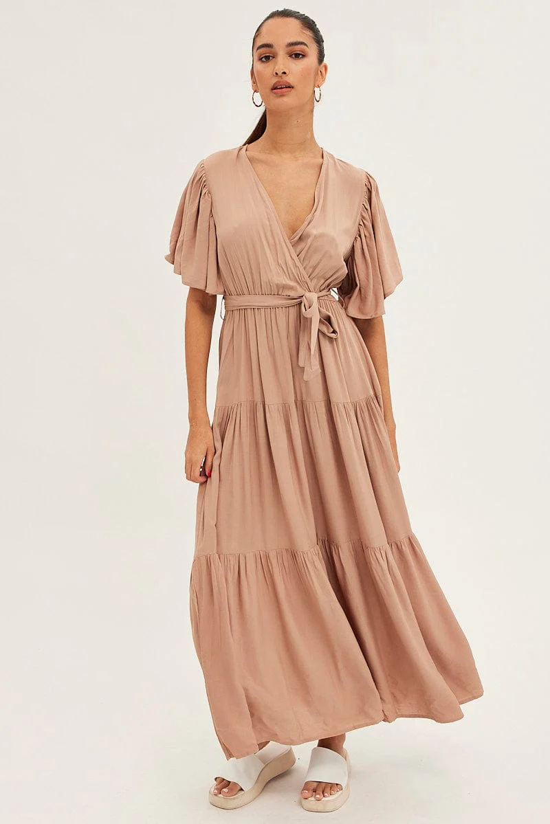 Beige Maxi Dress Short Sleeve Wrap Front Tiered - Image 3