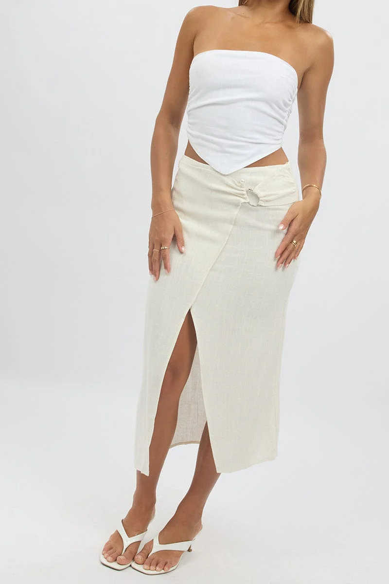 Beige Midaxi Skirt Buckle Detail Linen Blend - Image 3