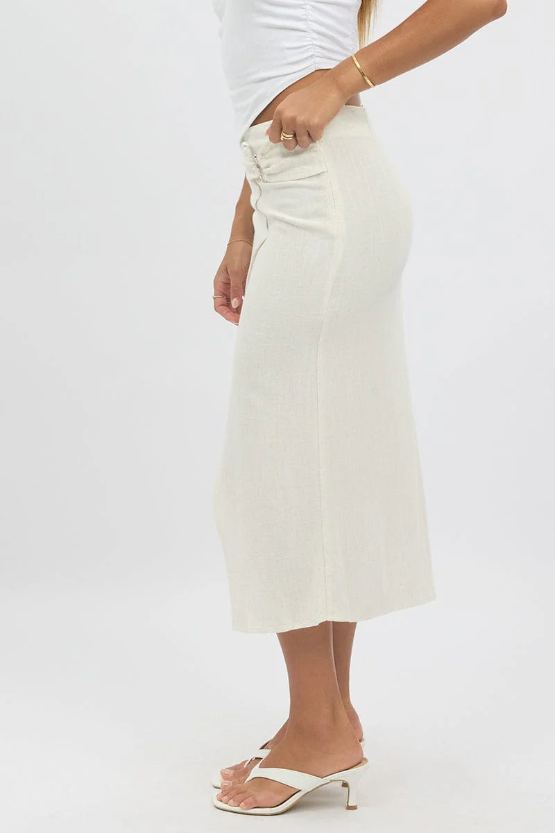 Beige Midaxi Skirt Buckle Detail Linen Blend - Image 4