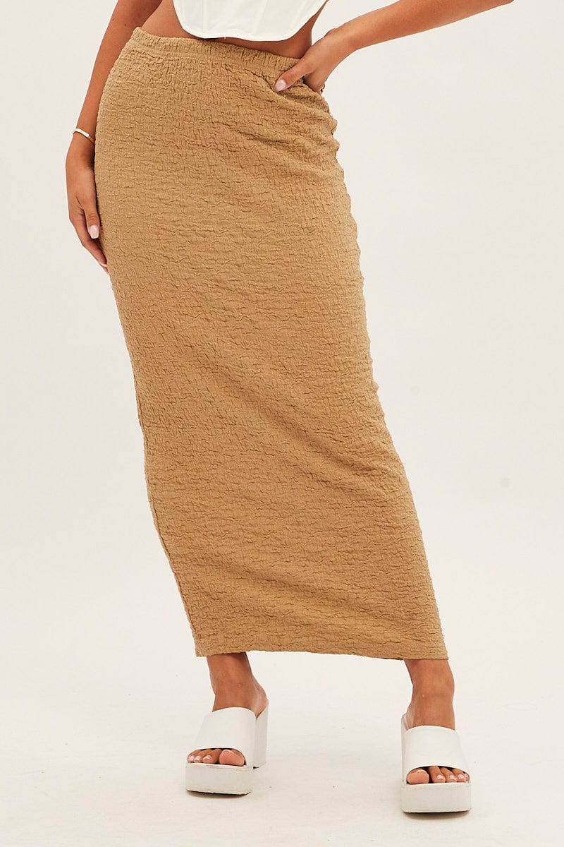 Beige Midi Skirt Elastic Waist Textured - Image 2