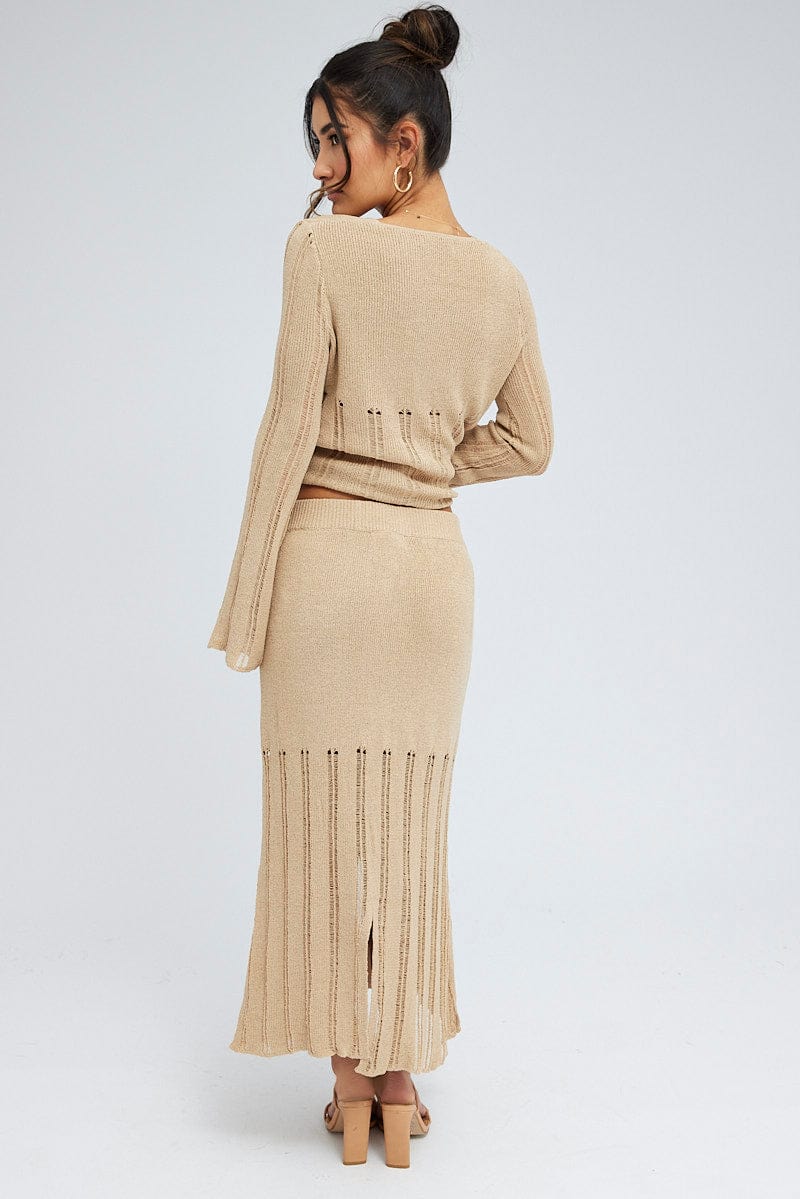 Beige Midi Skirt High Waisted A-line Ladder Knit - Image 5