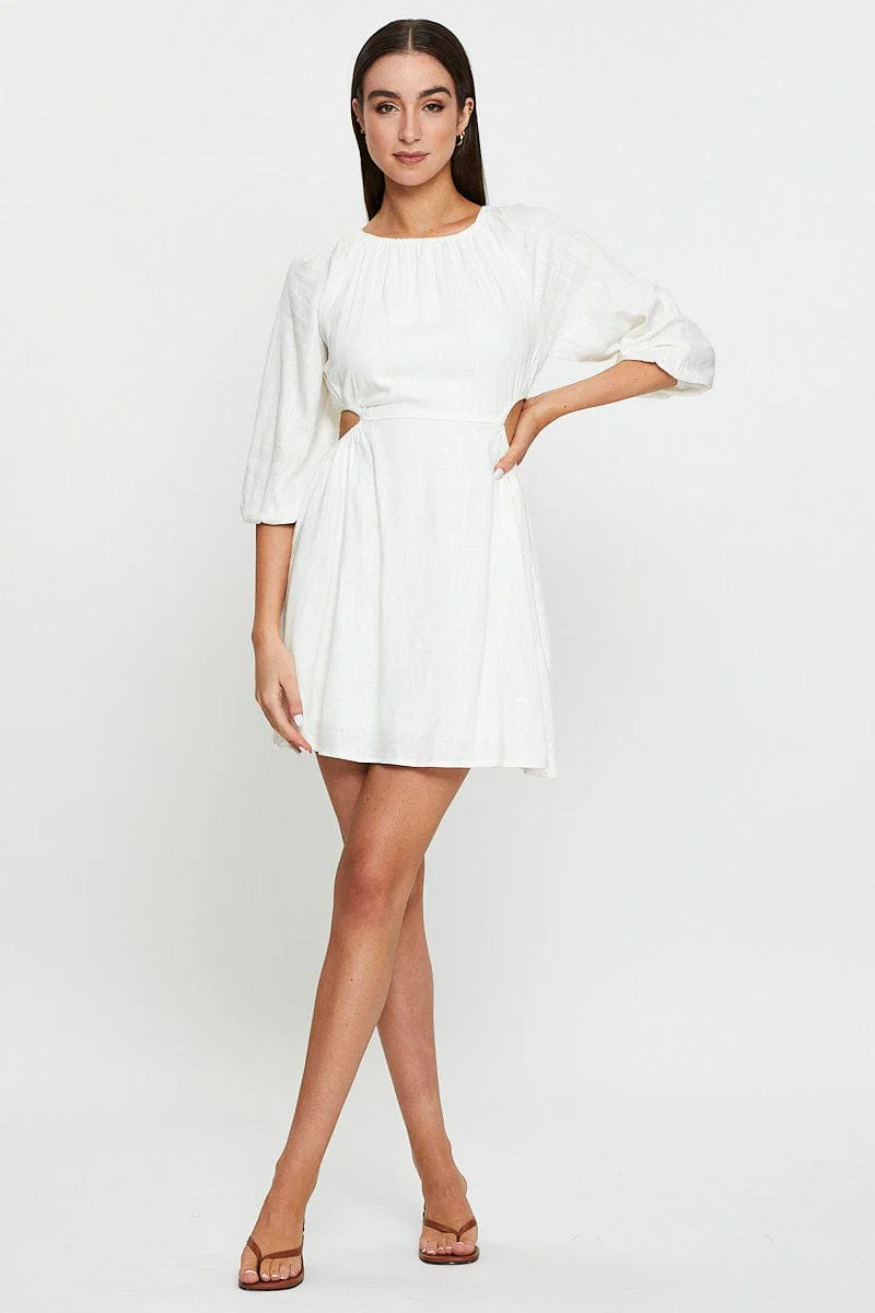 Beige Mini Dress Short Sleeve Linen - Image 2