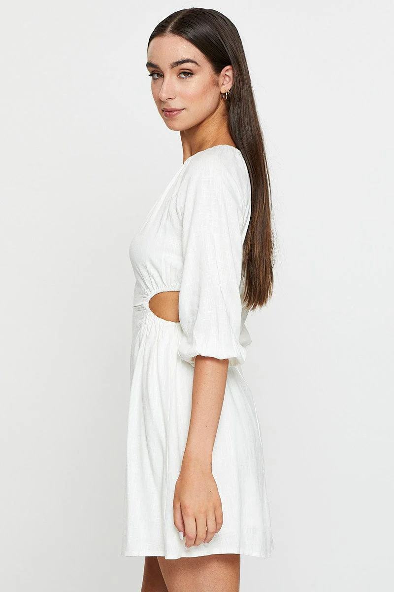 Beige Mini Dress Short Sleeve Linen - Image 4