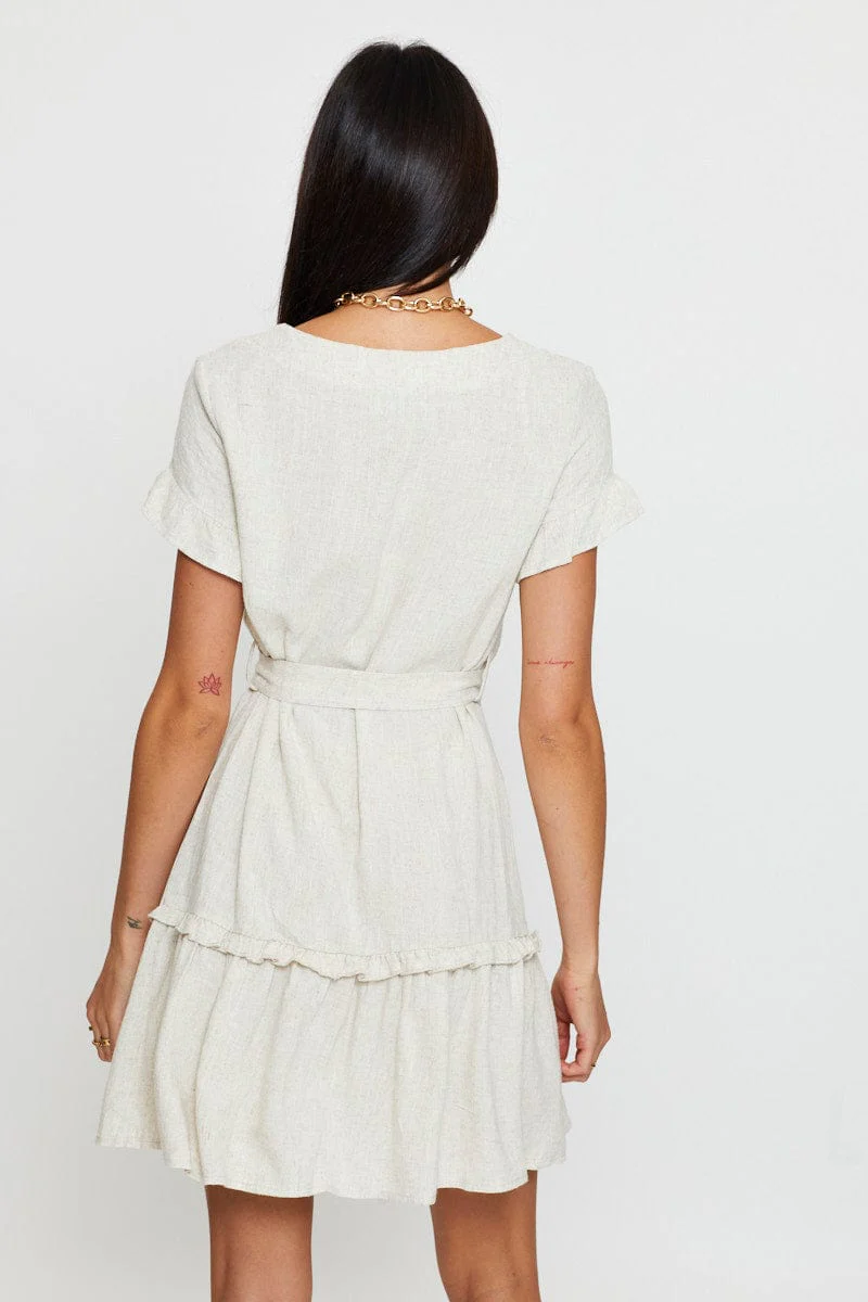 Beige Mini Dress Short Sleeve V Neck - Image 5