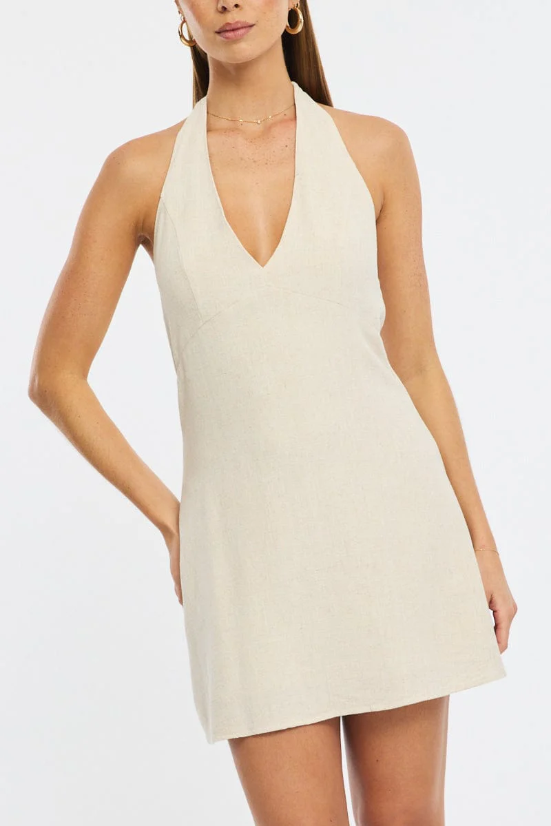 Beige Mini Dress V-neck - Image 6