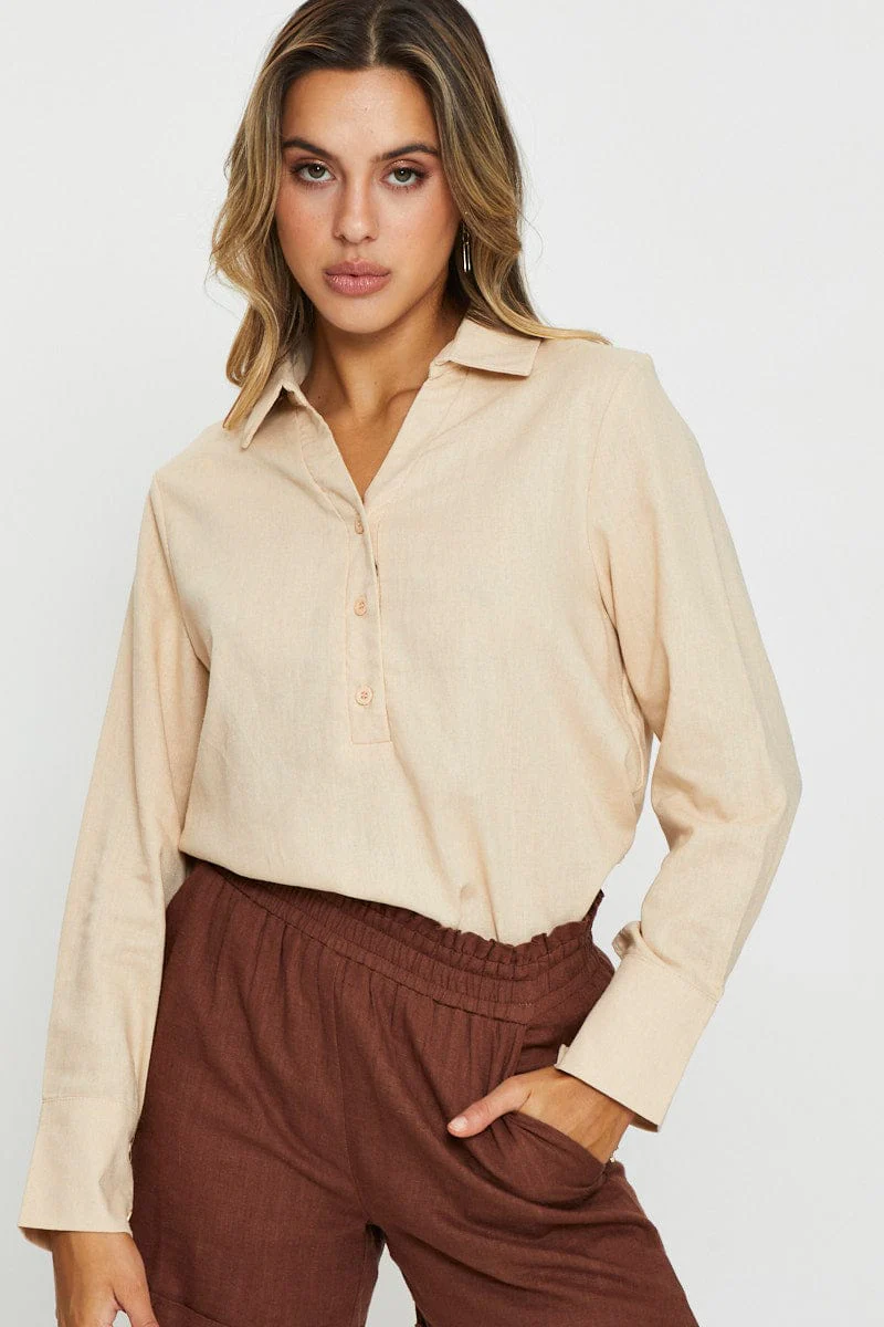 Beige Oversized Shirts Collared - Image 3