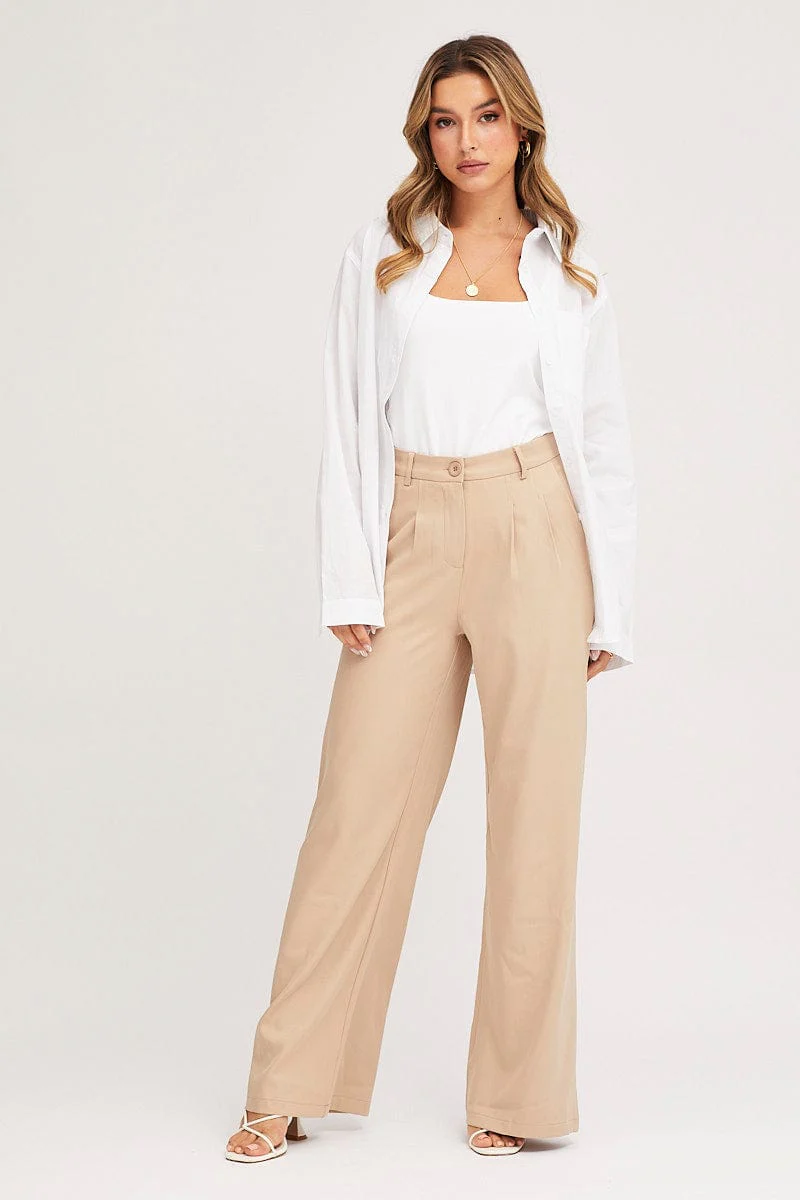 Beige Pants Pleats Detail Wide Leg - Image 3