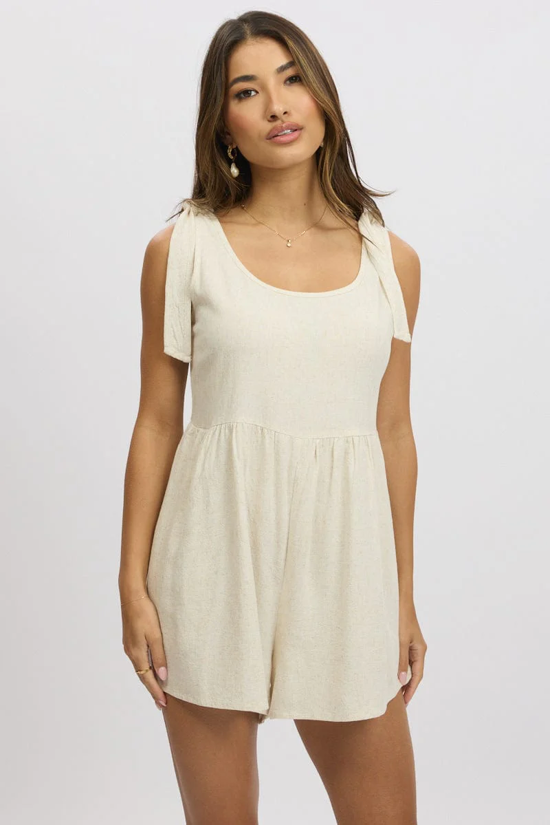 Beige Playsuit Sleeveless Tie Shoulder Linen Blend - Image 3