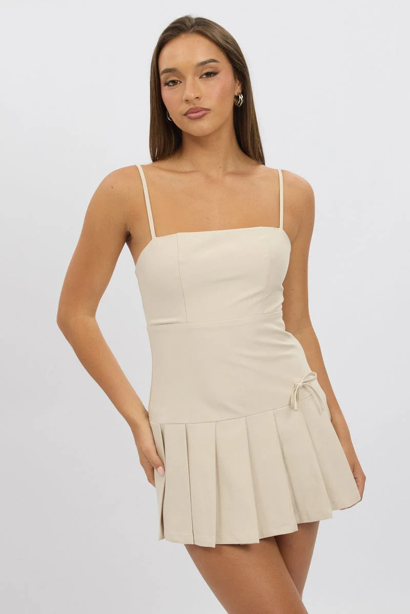 Beige Pleated Mini Dress - Image 3