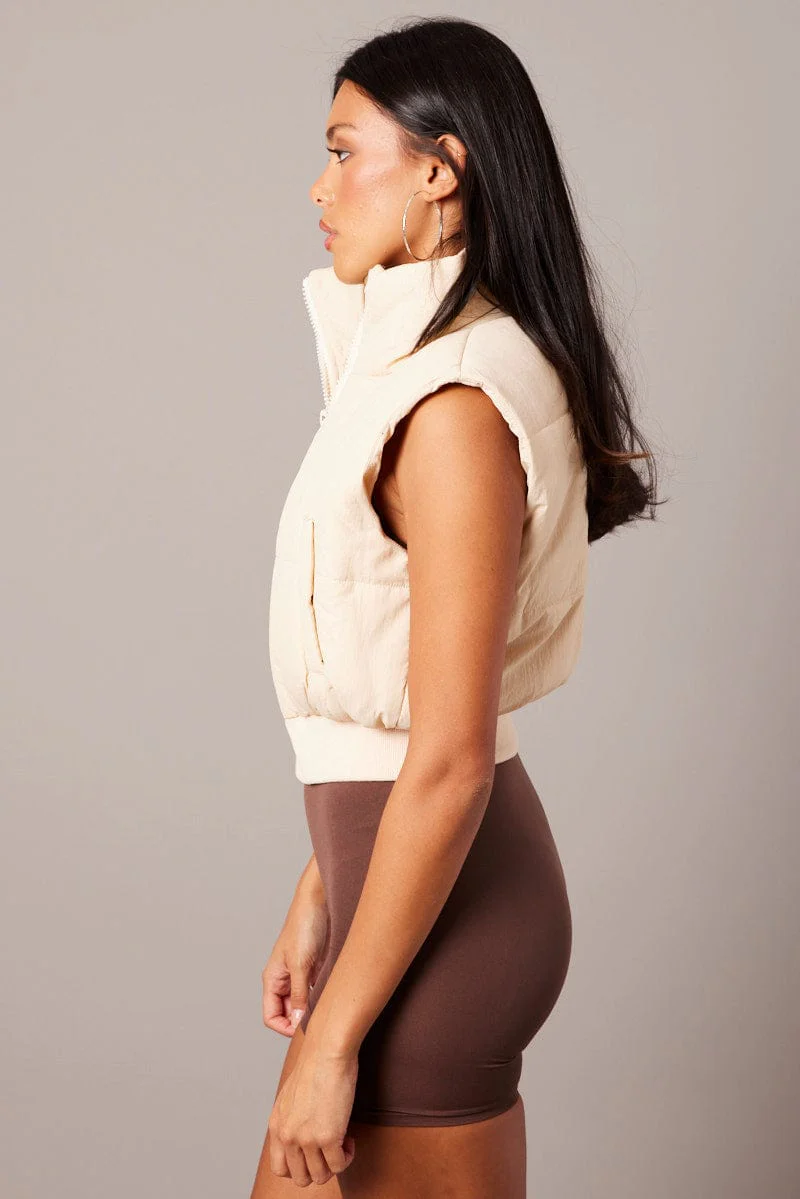 Beige Puffer Vest Crop Sleeveless - Image 4