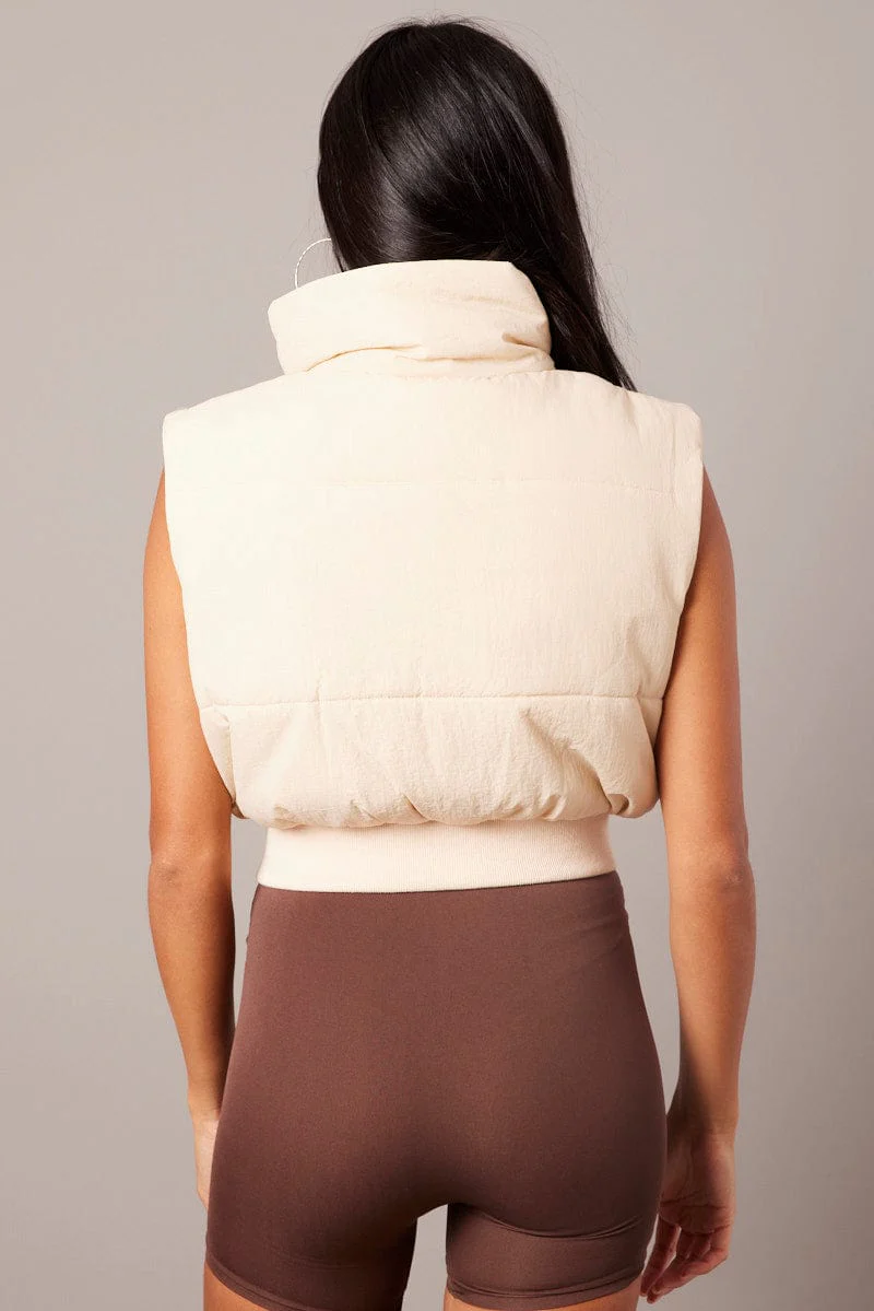 Beige Puffer Vest Crop Sleeveless - Image 5
