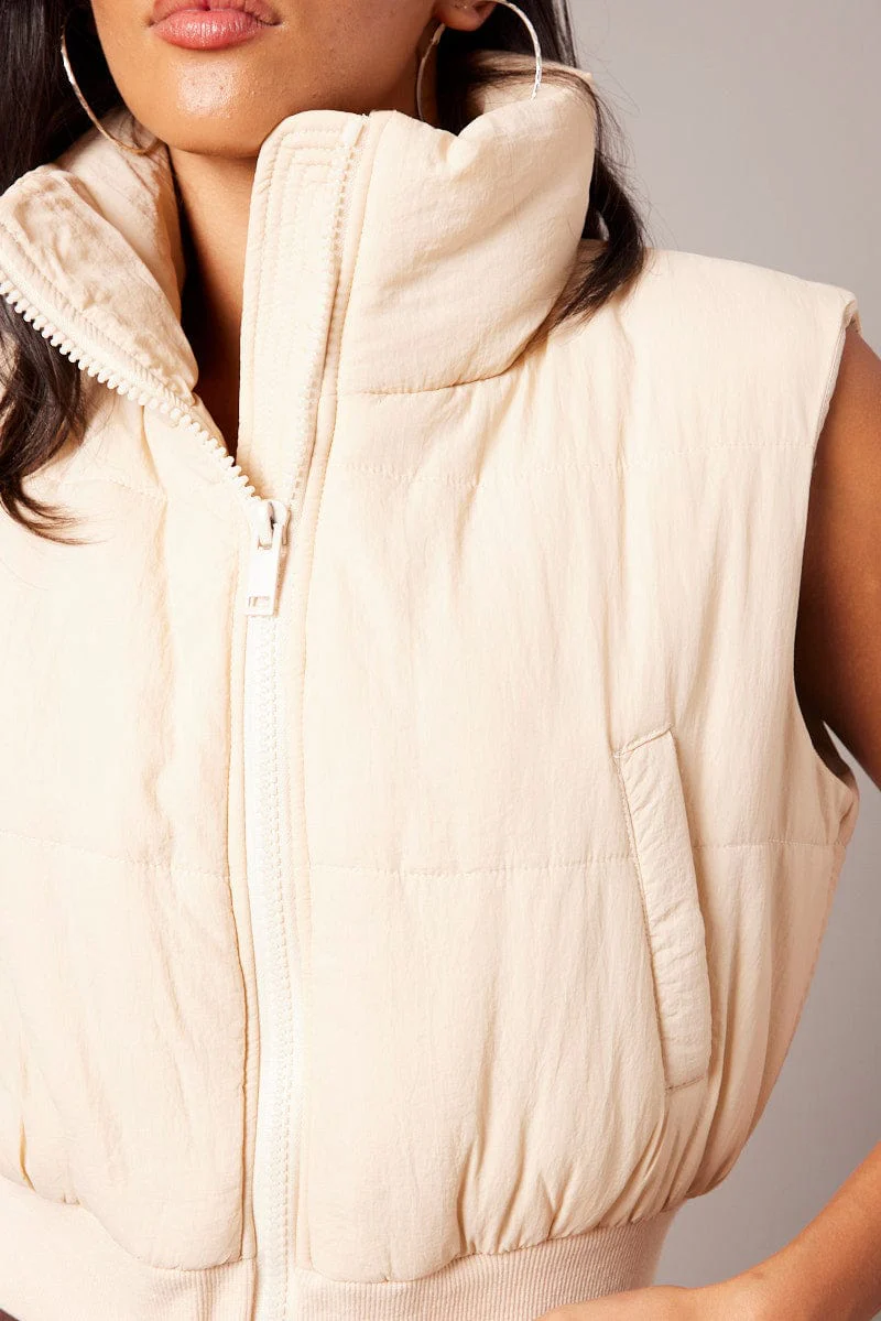 Beige Puffer Vest Crop Sleeveless - Image 6