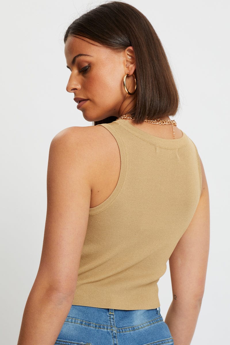Beige Racer Neck Knit Top - Image 3