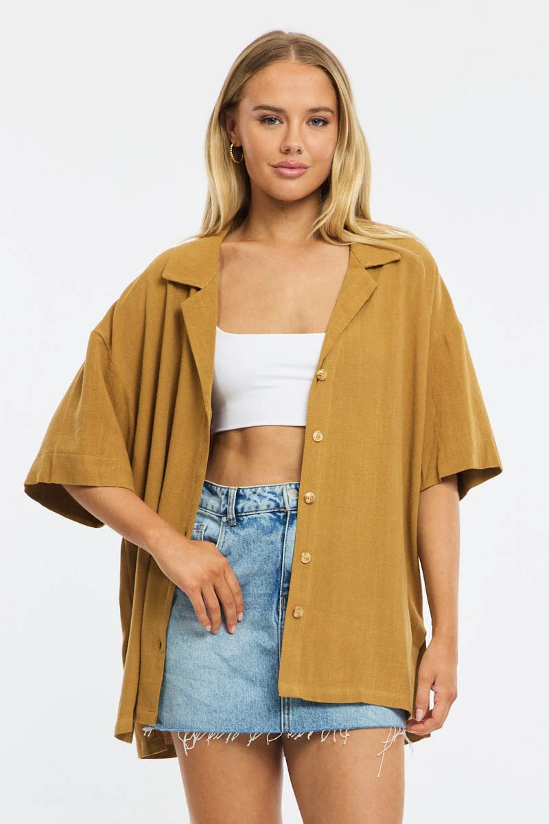 Beige Relaxed Shirt Short Sleeve Collared Linen Blend