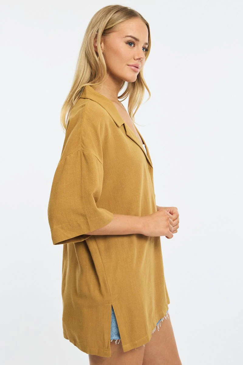 Beige Relaxed Shirt Short Sleeve Collared Linen Blend - Image 3